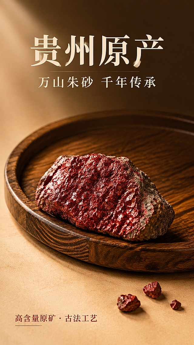 [第2屏] 产地溯源-贵州朱砂原产地展示，暖棕木质质感，与参考图风格一致。
[氛围/风格] 温暖质朴东方风，木质肌理质感，暖棕色调，真实自然，商业摄影质感。
[元素布局] 画面中央偏下展示一块朱砂原矿石，深红色晶体颗粒质感，放置在圆形木质托盘边缘；木质托盘为深棕色，有清晰的木纹纹理，占据画面中上部；背景为暖米色渐变，上方深棕色渐变过渡；托盘旁边散落2-3小块朱砂碎料；整体三层视觉：背景暖米渐变 → 中景木质托盘与原矿 → 前景桌面；木质托盘质感与参考图一致。
[光影质感] 左上方柔和暖光照射，木质纹理清晰，原矿石表面有温润高光，托盘边缘有自然阴影，整体温暖厚重。
[配色色系] 全局底色 #E8D5B7 暖米色渐变，上方深棕 #5C3D1E；主色朱砂红 #A82020；辅助色木棕 #8B5A2B、深棕文字 #3D2817。
[视角构图] 45度微俯视，原矿与木盘为视觉中心，阅读动线从上至下：标题 → 木盘原矿 → 说明。
[文字版式] 顶部居中大标题「贵州原产」，副标题「万山朱砂 千年传承」，米黄色宋体粗字，与参考图字体风格一致；底部左侧小字「高含量原矿 · 古法工艺」，深红色细体；文字排版疏朗，不遮挡主体。
[比例分辨率] 9:16 竖版比例，4K分辨率，文字清晰可辨，高清画质。
[负向提示词] 人物，现代建筑，水印，文字错乱，颜色偏差，画面杂乱，元素过多。
