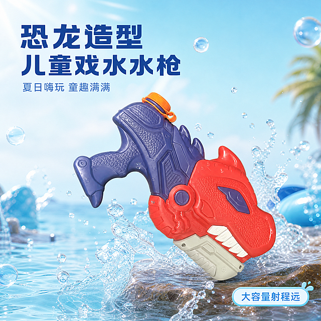 [主图-1] 儿童玩具恐龙水枪首图，夏日吸睛场景展示。
[氛围风格] 活泼清新夏日海滩戏水风格，童趣活泼氛围感
[画质] 商业摄影质感，光线柔和通透，产品清晰真实，画面干净高级
[元素] 儿童恐龙水枪主体居中展示，保持恐龙造型水枪的外观结构、材质质感、颜色与原图完全一致，杜绝任何变形和色差，精细化精修处理。背景为浅蓝色清透夏日海滩水环境，点缀透明水花和气泡，商品主体占比约65%，画面满屏无边框。
[光影] 晴朗自然光从正面照射，水花开片柔光效果，整体光线明亮通透，水花高光晶莹剔透，暗部层次清晰无廉价HDR
[配色] 主色调清新浅蓝色，搭配恐龙水枪本身的红、蓝、绿色点缀，整体清爽干净
[视角构图] 正面平视45°斜视角，景深适中，产品轮廓完整不裁切
[文字版式] 左上负空间左对齐留安全边距，大字文案"{恐龙造型}
儿童戏水水枪"，深蓝色粗体无衬线最大字号；辅助短句"夏日嗨玩 童趣满满"，缩小一半同色系浅字。右下角点缀浅蓝色小标签"大容量射程远"
[比例分辨率] 1:1 比例，2k分辨率，文字清晰锐利，画面超高清
[负向提示词] 变形，水印，文字错乱，产品图模糊，背景杂乱，色差，遮挡主体