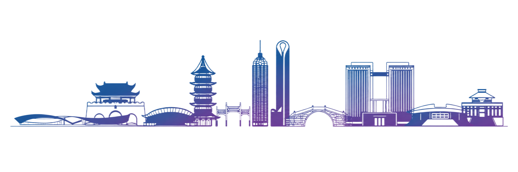 参考该图片的城市建筑剪影线条风格，蓝紫色渐变配色，重新生成完整清晰的城市天际线矢量插画，保留所有标志性建筑轮廓和横向横幅构图预览效果