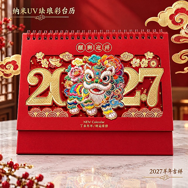 [主图-1] 首图产品身份展示，突出纳米UV珐琅彩工艺台历的高端礼赠感与醒狮迎祥主题。
[统一基调] 国潮非遗美学风格，背景主色为中国红渐变，标题字色为烫金，辅助字色为米白，强调色为金色描边；字体为大气书法体+宋体组合，卡片/边框采用祥云纹金边样式，整体传递高端礼赠、非遗传承的品质感。
[画面] 画面中央主体为醒狮迎祥款纳米UV珐琅彩台历，台历正面中央是彩色珐琅彩工艺的醒狮造型，醒狮周围环绕牡丹花朵和祥云纹样，两侧是金色镂空的"2027"大数字，数字表面有细腻纹理，顶部有"醒狮迎祥"四个圆形印章字样，底部有"NEW Calendar 丁未年年/财运常伴"烫金小字。台历呈正面微仰视角度，占画面约65%，放置在浅灰色大理石质感台面上，台面有柔和倒影。台历左右两侧点缀少量金色祥云纹样装饰，左上角有小型烫金标题"纳米UV珐琅彩台历"，右下角有"2027羊年吉祥"字样。
[光影质感] 商业摄影质感，主光从左上方45度照射，台历珐琅彩部分有明显金属光泽和高光，红色纸面有细腻纹理质感，镂空部分有通透层次感，底部有自然柔和的接触阴影，整体光影通透有层次。
[配色] 主色中国红，辅色烫金、米白，珐琅彩部分多彩（红、橙、金、蓝、绿渐变），背景红色渐变由深到浅，整体红金配色高端大气。
[文字版式] 左上角主标题"纳米UV珐琅彩台历"为烫金书法体大号字，下方小字"2027丁未羊年 十四张月历"为宋体白色；右下角"醒狮迎祥 礼赠佳品"为金色小字体；文字均放在负空间，不遮挡台历主体。
[输出要求] 1:1正方形比例，2K分辨率，文字清晰锐利，产品细节清晰，珐琅彩工艺质感突出；负向：变形、错字、模糊、杂乱、水印、平台Logo、人物、多余装饰。
