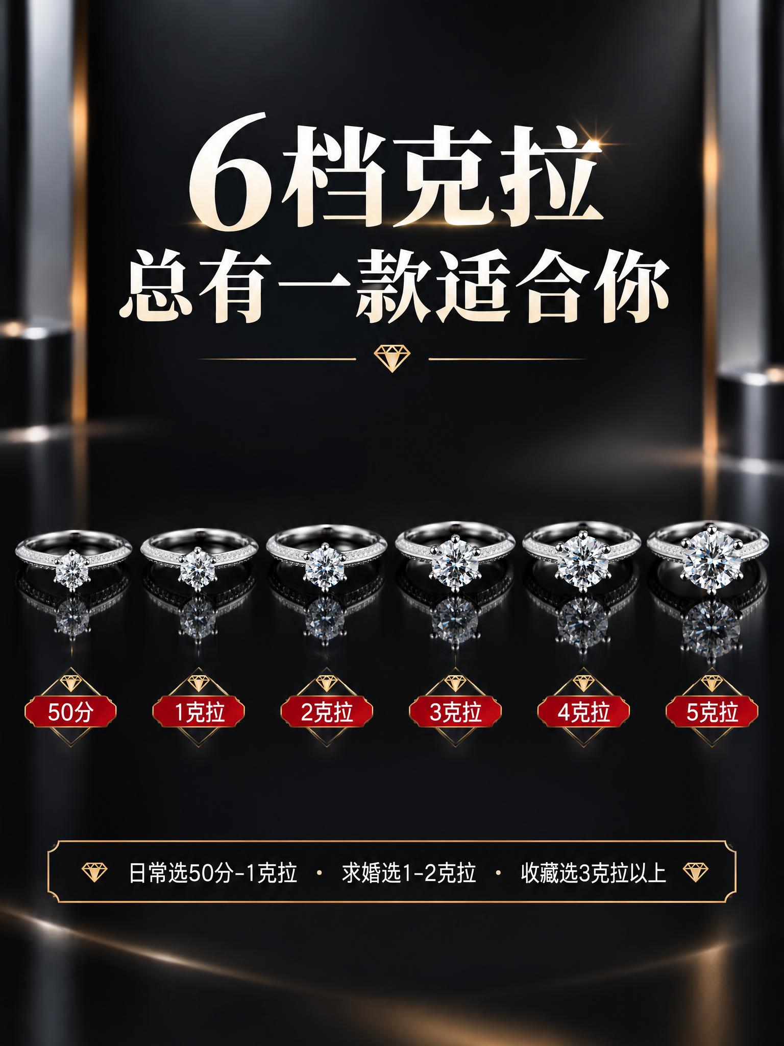[商品] 使用六款六爪培育钻女戒并列展示，从左到右依次为50分… - 图片创意预览