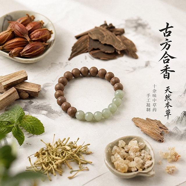 [主图-2] 核心亮点 古方合香材质展示 突出天然中草药原料与手工制香工艺
[统一基调] 高级国风 中式素雅氛围感 干净极简白色背景 柔和自然光 浅景深 8K高清 商业静物摄影 细节细腻 柔和阴影 画面留白充足 无多余杂物 书法感国风字体 浅水墨元素点缀
[画面] 栀清瑶火药香珠手串平放在浅水墨宣纸上，手串由棕色药香珠与浅青绿色玉石圆珠相间组成，形态与参考图完全一致。手串周围精心摆放多种天然中草药原料特写：栀子果、沉香片、檀木块、薄荷叶、金银花、龙涎香碎料等，每种原料形态清晰可辨，错落有致地分布在手串四周。画面采用略微俯视的角度，主体手串位于画面中心，占比约50%。中草药原料作为前景和背景元素，有虚有实，突出药香珠的天然材质来源。宣纸纹理细腻可见。
[光影质感] 柔和顶光照射，药香珠表面颗粒质感清晰，玉石珠温润有光泽，中草药原料纹理细节丰富，底部有柔和自然的投影。浅景深效果，主体手串清晰锐利，前后景原料略有虚化，层次感强。
[配色] 主色调为米白、棕褐、浅青、墨绿、金黄，天然本草色系，素雅自然。
[文字版式] 画面右侧竖排或右上横排放置「古方合香 天然本草」，书法字体，深墨色。下方小字「十余味中草药 手工凝制」，宋体，浅灰色。文字位于右侧留白处，不遮挡主体。
[输出要求] 1:1正方形 2048*2048 8K高清 产品清晰不变形 材质细节丰富 文字清晰可读 无水印 无平台Logo 无多余杂物