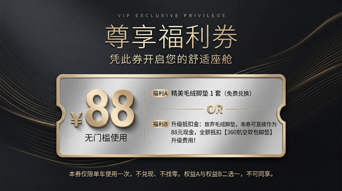 高端汽车装潢VIP福利抵扣券海报，横版卡券，黑金轻奢拟物化风格，3D光影效果。背景为深邃黑灰色微磨砂质感，带有暗金色流光线条。顶部小字“VIP EXCLUSIVE PRIVILEGE”，主标题“尊享福预览效果