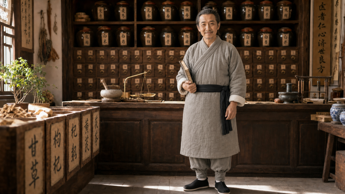 参考原图片面部，保留原45岁东方古代老中医形象：气质温润儒雅，面容慈祥和善，身材匀称偏瘦，方圆脸，面部线条柔和，眼角有淡淡的鱼尾纹，眼神清澈温和带着善意笑意，皮肤偏黄有自然岁月痕迹；修改为身穿浅灰色粗预览效果