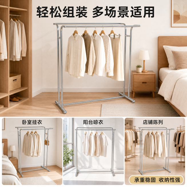 [主图-4] 不锈钢服装展示架组装与场景适用展示主图。[氛围风格] 时尚百搭，展示多场景实用性。[画质] 商业摄影质感，清晰自然，画面干净高级。[元素] 保持不锈钢服装展示架整体外观与输入产品图绝对一预览效果