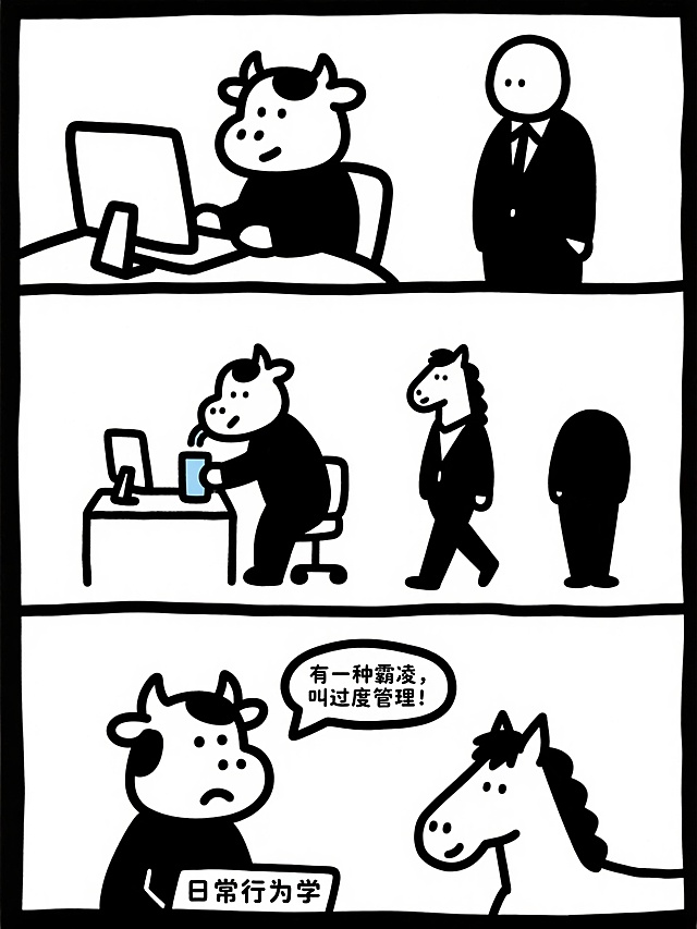 根据下面的剧本设计一组小牛与小马的日常行为学四格漫画。
画面一，小牛在电脑前认真工作，小马穿着西装，站在旁边严肃地盯着他。
画面二，小牛去接水喝，小马穿着西装严肃地跟着小牛。
画面三，小牛不开心地说：有一种霸凌，叫过度管理！