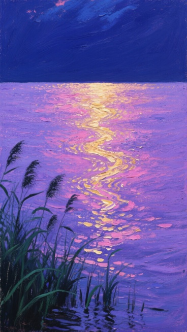 油画风格，画面以深蓝色的夜空为背景，水面呈现出绚丽的紫色与粉色渐变，金色的光芒在水面上形成蜿蜒的光带，波光粼粼，近岸处有几丛深绿色的芦苇剪影，整体营造出神秘而宁静的氛围，色彩变换丰富，光影层次分明，笔触厚重富有质感，构图采用竖版布局，视觉焦点集中在水面的光影变化上，给人一种梦幻般的美感。预览效果