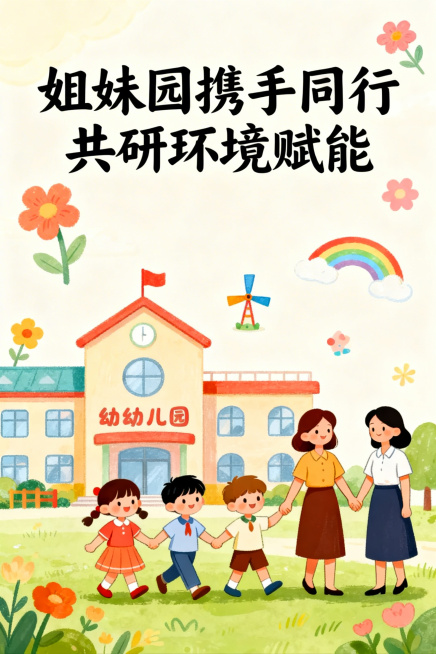 幼儿园环境创设主题海报，整体风格活泼温馨，色彩明亮柔和，包含卡通手绘的幼儿园建筑、手拉手的小朋友、两位幼儿园老师携手的元素，背景点缀花朵、彩虹、小风车等童趣装饰，顶部醒目位置有文字“姐妹园携手同行共研预览效果