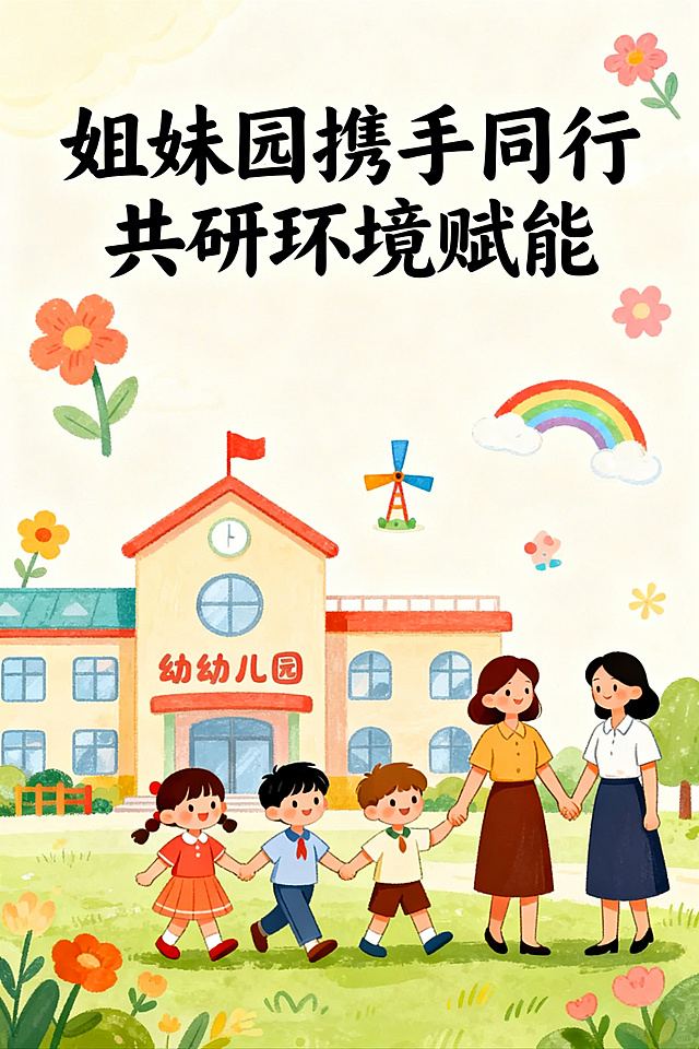 幼儿园环境创设主题海报，整体风格活泼温馨，色彩明亮柔和，包含卡通手绘的幼儿园建筑、手拉手的小朋友、两位幼儿园老师携手的元素，背景点缀花朵、彩虹、小风车等童趣装饰，顶部醒目位置有文字“姐妹园携手同行共研环境赋能”，整体氛围温暖有活力，符合幼儿园的童真风格