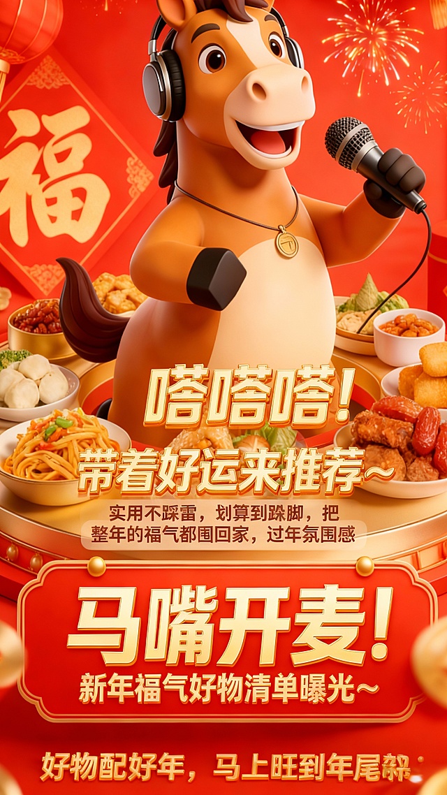 主标题：马嘴开麦！新年福气好物清单曝光～
马的 “发声文案”：“嗒嗒嗒！带着好运来推荐～ 实用不踩雷，划算到跺脚，把整年的福气都囤回家，过年氛围感直接拉满！”
副标题：好物配好年，马上旺到年尾🧧