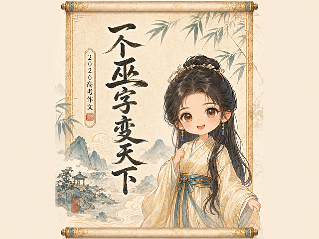 参考上传图片中人物的五官，生成一张Q版封面，标题为"一个巫字变天下"，副标题为"2026高考作文"，Q版风格，国风排版
