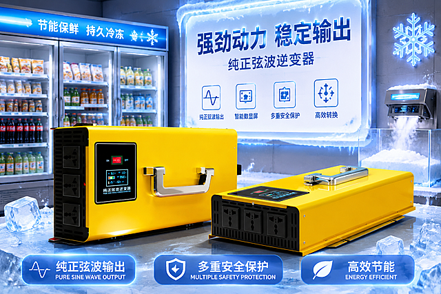 对两张逆变器产品图进行精准分析，严格还原产品外观造型、摆放位置、材质纹理与光影细节，杜绝虚构美化或添加无关元素，确保真实可靠。将逆变器放置在带有冰柜展示柜的场景中，添加亮灯的灯箱灯带和雪花机，突出产品卖点，吸引消费者，停留页面时长2-3秒