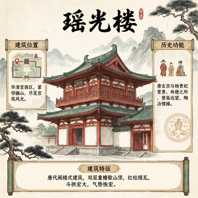 基于参考图中的瑶光楼建筑形象，制作华清宫瑶光楼信息可视化设计，延续古风线稿+现代信息图表和国风背景风格，添加标题"瑶光楼"，补充建筑位置、历史功能、建筑特征的介绍文字，保留唐代建筑红柱绿瓦的特色，整体预览效果