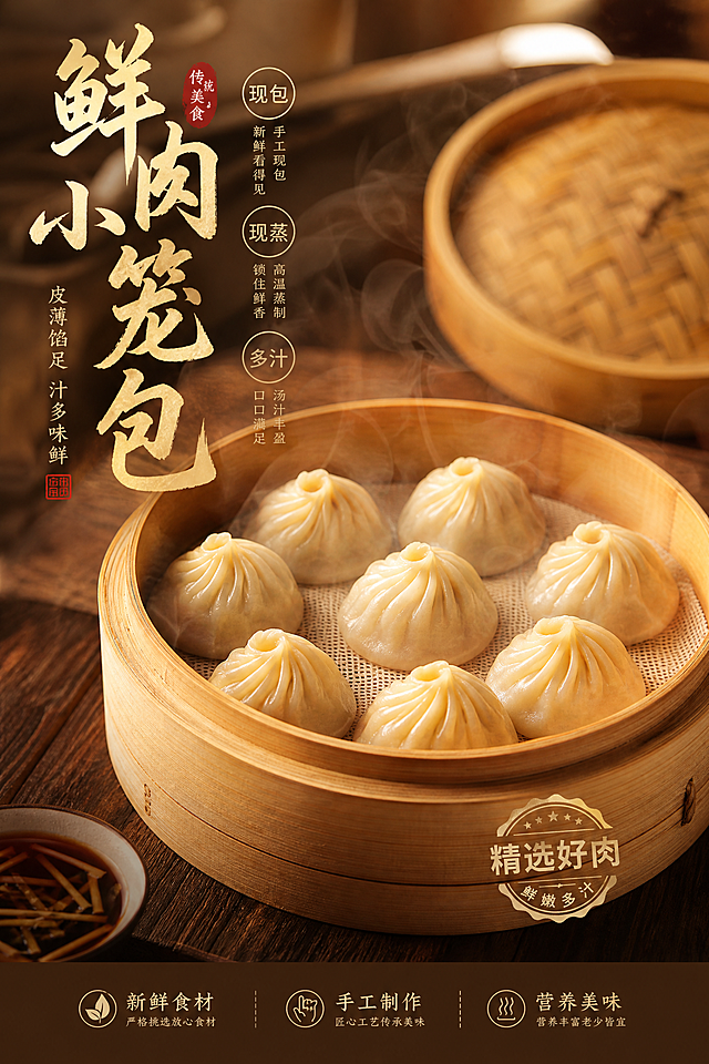 2:3比例的小笼包产品海报，热气腾腾的鲜肉小笼包放在竹制蒸笼里，暖色调食欲感配色，国风餐饮风格，清晰展示产品，突出鲜香美味的卖点，整体构图饱满适合做宣传海报