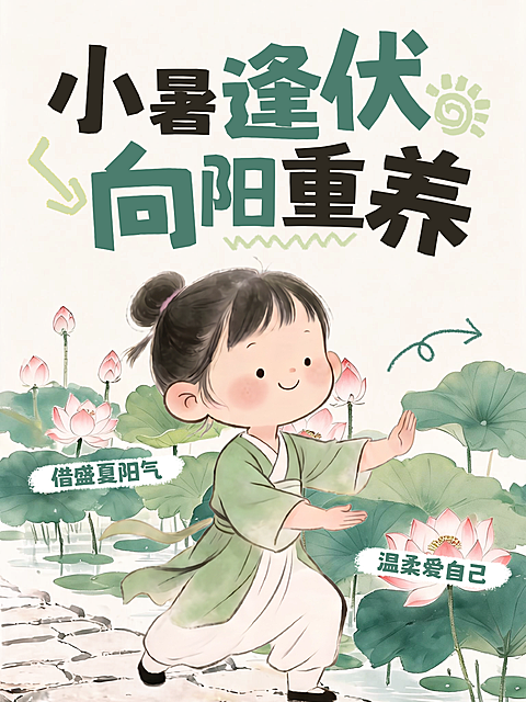 三伏天小暑节气中式插画可爱感大字标题小红书封面