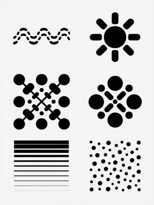 纯黑色圆点组成的极简抽象图案系列，每个图案均保持相同大小的黑色实心圆点元素，在纯白色纯色背景上以不同的几何排列方式呈现：第一个为起伏的波浪形点阵，第二个为交错的网格状点阵，第三个为放射状的太阳形点阵，第四个为对称的菱形点阵，第五个为渐变疏密的条纹状点阵，第六个为随机分布的散点状点阵，六个图案规整排布，保持一致的极简风格、黑白配色和圆点元素特性，整体呈现高度统一的系列感。预览效果