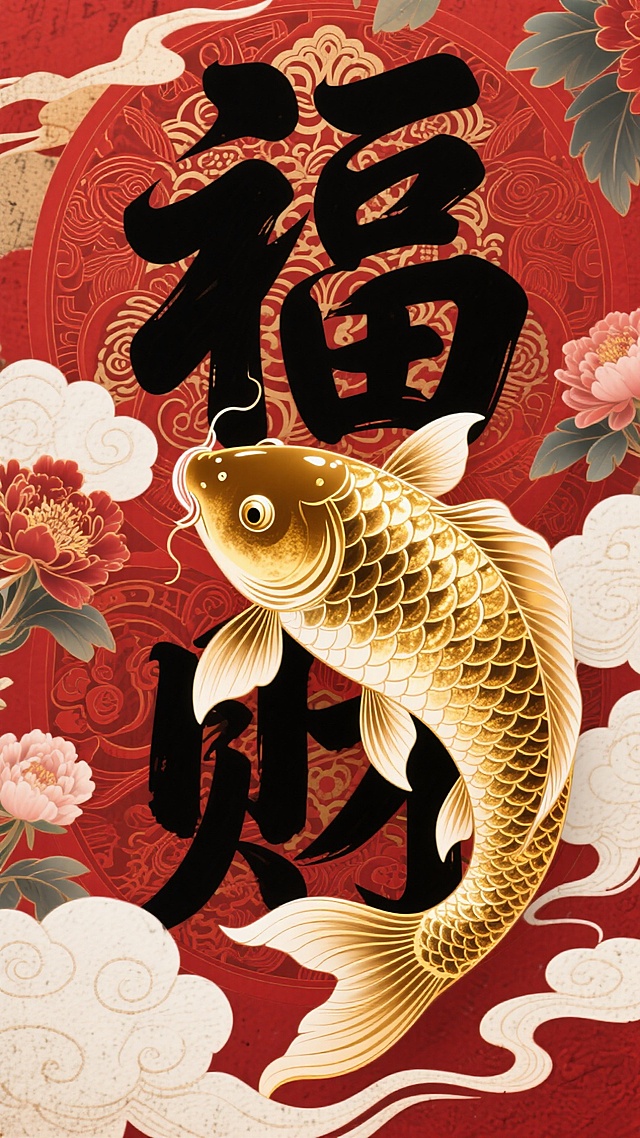 国潮风工笔金鱼跃于“福财”大字间，鎏金浮雕质感，红底祥云牡丹环绕，喜庆中式年味浓郁。