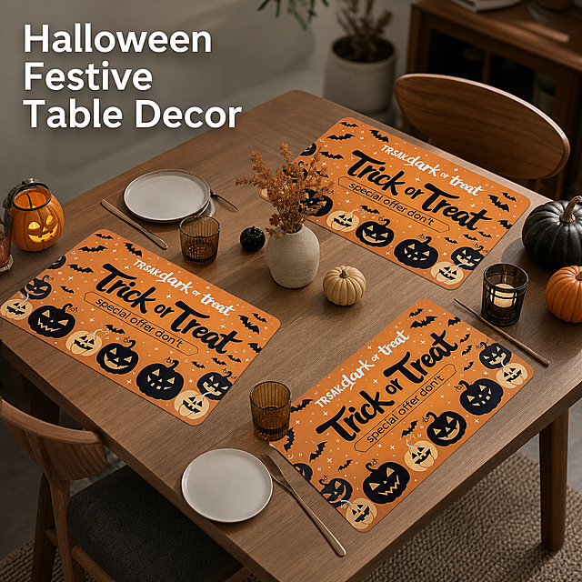 [主图-2] Dining Table Scene Display: Halloween placemats used in home dining scene.  [氛围风格] Warm festive home atmosphere, practical life style.  [画质] Commercial photography texture, natural soft light, product clear and real, picture clean and advanced.  [element] Two or four Halloween orange placemats neatly placed on the modern wooden dining table, with Halloween pumpkins and small decorations around, the overall environment is a clean modern dining room. Keep the product appearance, pattern and color absolutely consistent with the input product picture, eliminate any deformation and color difference, fine processing. Product as the core visual focus, environment does not grab the spotlight.  [光影] Natural soft window light, warm light, layered light and shadow, real texture.  [配色] Main color product orange, with wooden table warm color, low saturation environment color, prominent product.  [perspective composition] Overlooking the dining table, the product is placed naturally, the composition is loose, showing the use of the scene.  [文字版式] Upper left corner negative space "Halloween Festive Table Decor", large white bold sans serif font, do not block the product.  [proportion resolution] 1:1 proportion, 2K resolution, super clear.  [negative prompt] Deformation, text confusion, blurred product image, messy background, watermark, e-commerce platform logo, Chinese characters.