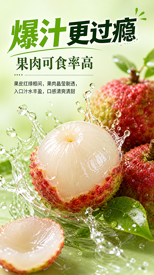 妃子笑可食率卖点板块，标题“爆汁更过瘾”，副标题“果肉可食率高”，文案“果皮红绿相间，果肉晶莹剔透，入口汁水丰盈，口感清爽清甜”，喷溅汁水效果，清新浅绿色背景，去掉所有桂花元素，保持和参考图一致排版，9:16竖图
