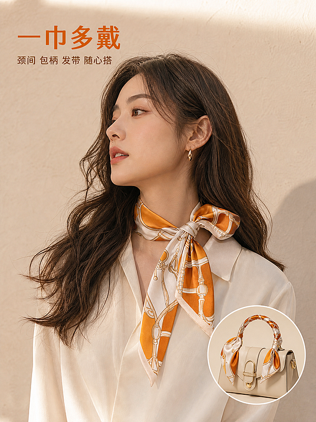 [主图-2] 丝巾侧面佩戴效果+多种系法展示。
[氛围风格] 高级法式复古风，松弛时尚摄影感，暖调优雅。
[画质] 商业摄影质感，光线柔和通透，产品清晰真实，画面干净高级，丝巾缎面光泽自然。
[元素] 画面主体为同一位年轻亚洲女性模特，妆容精致，皮肤白皙，深棕色微卷长发。模特身穿米白色简约衬衫，侧身45度面向画面左侧，丝巾在颈部侧面系成优雅的蝴蝶结样式，一端长一端短，自然垂落，展现侧面轮廓与垂坠感。背景为浅米色肌理墙面，与首图风格统一。画面右下角有一个小圆形插图，展示丝巾系在包包手柄上的搭配效果，插图内有一只米色手提包，丝巾缠绕在包柄上打结。保持丝巾外观（即物理结构、材质质感、颜色、印花图案）与输入产品图完全一致，杜绝任何变形和色差，精细化处理。
[光影] 柔和侧前方自然光，主光从左前方照射，丝巾缎面高光自然；右侧柔光补光，阴影柔和；整体暖金色调，通透有层次。
[配色] 主色暖橙色+米白色（丝巾主色）；辅色浅米色（背景）、暖金色（光影）；强调色深棕（发丝）。
[视角构图] 45度侧面平视，胸部以上近景构图，人物居中；右下角小圆形插图展示包包系法；景深中等，背景轻微虚化突出主体。
[文字版式] 画面左上负空间文字，主标题大字粗体"一巾多戴"，暖橙色；副标题小字"颈间 包柄 发带 随心搭"，深棕色。文字左对齐，字号有明显层级对比，不遮挡主体。
[输出要求] 3:4比例，文字清晰锐利，超高清商业摄影质感。
[负向提示词] 变形，文字错乱，产品图模糊，背景杂乱，水印，电商平台Logo，多余的手，多余的手指，畸形手，融合手指，手部扭曲，肢体穿模，人物面部扭曲，关节反折。
