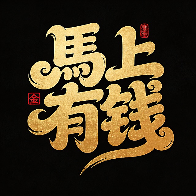 鎏金浮雕字体，融合大字风与国潮元素，中式复古奢华感十足，红印点缀，寓意新年财运亨通。