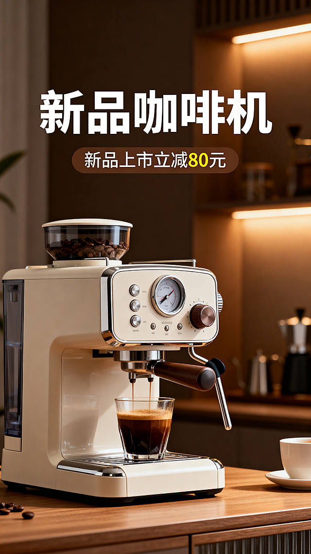 竖版电商海报，主体是现代设计的新品咖啡机，整体风格简约高级富有质感，暖色调光线柔和，画面上方有醒目的主标题文字"新品咖啡机"，下方有副标题文字"新品上市立减80元"，整体符合电商海报的视觉营销风格，布局清晰重点突出