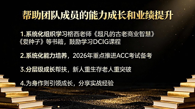 三、帮助团队成员的能力成长和业绩提升

1,系统化的组织学习格西老师的《超凡的古老商业智慧》《爱种子》等一系列书籍，鼓励大家学习DCIG课程，在种子智慧不断地深耕。
2.系统化能力培养：制定体系化培训计划，2026 年重点推进团队成员 ACC 考试备考工作，全面提升专业能力与行业资质。
3.分层级成长帮扶：针对新伙伴，聚焦 “生存能力” 培养，助力快速立足；针对老伙伴，侧重 “突破提升”，挖掘业绩增长潜力。
3.以身作则引领成长：从自身践行成长出发，分享个人实战案例与服务经验，以实际行动支持团队成员提升专业水平、实现客户价值增长。                帮我把这段话做一张PPT