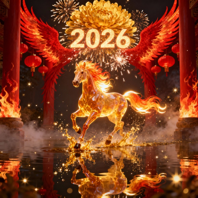 主体：一匹通体发光的黄金神马，位于画面中心，正朝着镜头方向奔跑。马身呈半透明的琥珀质感，肌肉线条清晰可见。
材质与光效：马身散发着炽热的金色光芒，马蹄踏在水面上，溅起液态黄金般的水花，水花在空中化为光预览效果