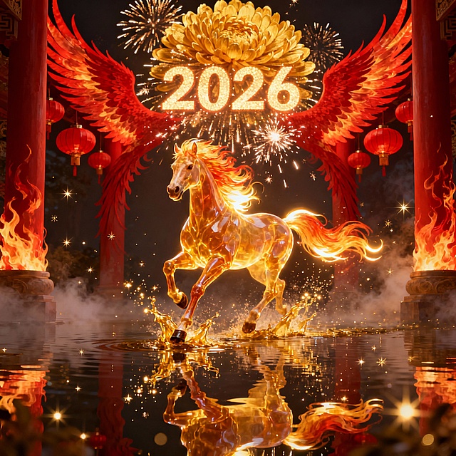 主体：一匹通体发光的黄金神马，位于画面中心，正朝着镜头方向奔跑。马身呈半透明的琥珀质感，肌肉线条清晰可见。 材质与光效：马身散发着炽热的金色光芒，马蹄踏在水面上，溅起液态黄金般的水花，水花在空中化为光点。马鬃和马尾如同流动的火焰，随风向后剧烈飘动，发丝边缘带有明亮的辉光。 背景：两侧的立柱化身为巨大的、燃烧着红色火焰的凤凰羽翼剪影，羽翼中间悬挂着红灯笼，形成一种神圣的通道感。 新增烟花特效：背景深
