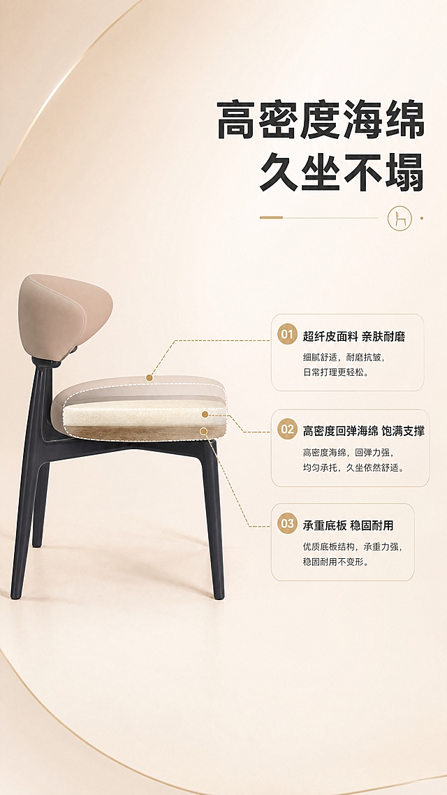 [商品] 使用【图1】B2509浅卡其色超纤皮吧椅；保留整体外形、颜色和结构；座垫做半透明分层示意，展示内部结构，不改变外部造型。
[画面] 目标：结构内芯解析页，深度说服座垫支撑力。左侧吧椅侧视角度，座垫部分用虚线分层展示3层结构；右侧为文案说明区；背景为浅暖白渐变，简洁干净；产品占画面约55%。
[视觉] 套系策略：风格=现代轻奢高级商业摄影；标题字=现代无衬线粗体（思源黑体Heavy）；正文字=简洁无衬线体（思源黑体Regular）；主色=暖米白+浅卡其；背景延展=基于暖米白做深浅层级、同色渐变和细腻哑光质感；强调色=香槟金，仅用于小面积图标、引线、标签和装饰线条；标题色=深炭灰；正文色=中暖灰；组件=圆角浅底信息卡、细线引线、香槟金装饰线；光影=右前侧暖柔光，柔和自然阴影。
[文字] 右侧主标题「高密度海绵 久坐不塌」（8字）；3条分层标注引线：第1层「超纤皮面料 亲肤耐磨」，第2层「高密度回弹海绵 饱满支撑」，第3层「承重底板 稳固耐用」；每条标注配短说明；文字横排，引线清晰不杂乱。
[规格] 图片比例9:16竖版，4K分辨率，负向提示：避免变形、错字、文字过小、冷蓝背景、产品颜色改变、结构失真、极限词、平台Logo。