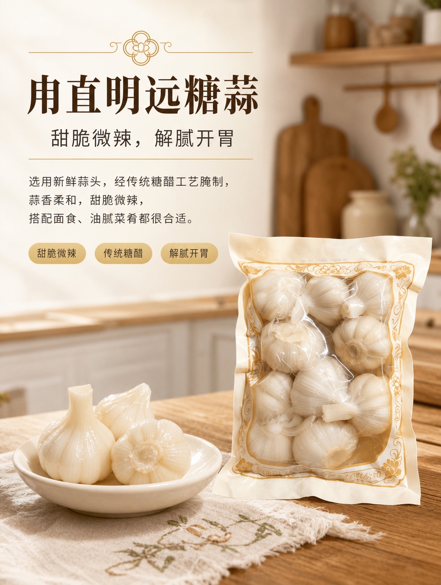 [商品] 使用【图4】袋装糖蒜作为唯一主产品；保留米白色包装、… - 图片创意预览