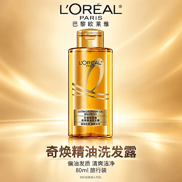 单品介绍图第1张（奇焕精油洗发露），1:1正方形，2K分辨率，与系列主图风格统一。顶部居中L'OREAL PARIS巴黎欧莱雅品牌Logo，位置大小与主图一致。画面主体为金色瓶80ml奇焕精油洗发露产品，严格还原原图瓶身比例、标签文字、颜色、透视，居中展示，大小适中突出。产品下方主标题："奇焕精油洗发露"，统一轻立体字效。标题下方说明文字取自包装原文："偏油发质 清爽洁净\n80ml 旅行装"，常规清晰字体。底部小字效果提示："实际效果因人而异。"背景为柔和暖金色浅渐变（呼应产品包装辅助色），侧前柔光，自然接触阴影，底部轻微反射。整体版式与后续单品图统一（Logo区、标题区、主体区、说明区结构一致）。不添加虚构功效或促销信息。