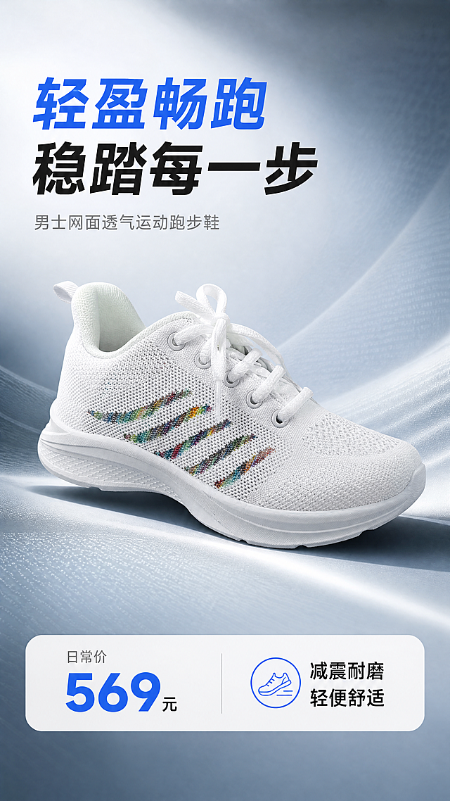 使用商品详情页技能根据商品图「图片1」「图片1」「图片1」「图片1」「图片1」「图片1」「图片1」「图片1」「图片1」生成详情页，参考图为，商品名称为跑步鞋，卖点为跑步鞋商品参数如下表所示： 适用人群	男士	适用季节	冬季	鞋面材质	网布 上市时间	秋季	选购热点	经典款	颜色	红色、黑色 闭合方式	系带	适合路面	跑道、公路、小道	运动系列	运动生活系列 功能	减震、耐磨、轻便	类别	稳定跑鞋、缓冲跑鞋、马拉松跑鞋 跑步鞋销售信息： 总数量	1000件	价格	569元 上架时间	定时上架	采购地	国内 付款模式	预售设置	服务	7天免费换新 售后服务	提供发票	库存计数	买家付款减库存，适配平台为淘宝/天猫，图片比例为9:16，需求屏数为5张，1.色彩搭配合理（符合产品调性、配色合理，有一定的美感） 2.体现一定的营销色彩（详情页第一屏为商品促销海报图或品牌展示海报图，引发购买兴趣；遵循买家购物心理的设计逻辑）3.宝贝详情描述模块设计合理