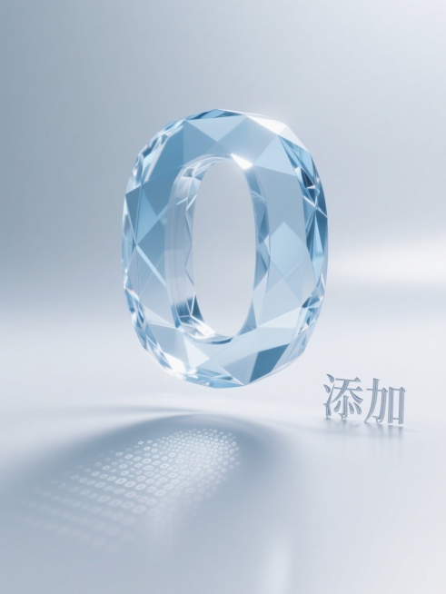 特写镜头，极简构图，画面中央悬浮着一个巨大的半透明数字"0"，采用顶级航空级水晶切割工艺，棱角精确到微米级，表面折射出柔和的冰蓝色光晕，内部有极其细腻的几何光栅结构随光线流动，底部投射出由无数微小"0"字符组成的渐变阴影，右下角放置一个精致的、与水晶"0"同材质的立体汉字"添加"，字体线条纤细如蛛丝却保持绝对挺拔，整体悬浮于无限延伸的纯白色空间，光线来自四面八方却找不到光源，营造出超现实的科技……预览效果