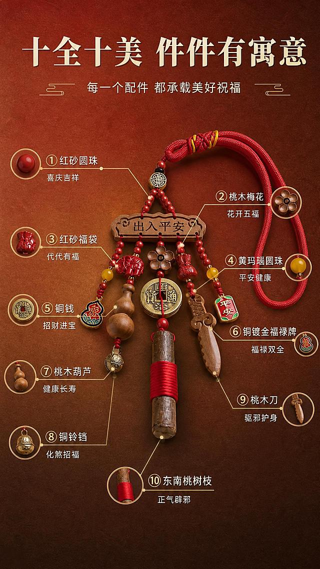 [商品] 使用【图2】配件标注图（桃木款）；保留所有配件结构、颜色、材质和文字，不修改产品外貌；图中各部件位置清晰，用于做全配件拆解说明。
[画面] 页面目标：全配件材质拆解图，展示每个部件的名称与吉祥寓意。构图：挂件居中，周围用金色细线引线指向10个核心部件，每个引线末端配小图标+部件名称+1句寓意说明；顶部大标题。背景为红棕渐变纸质感。
[视觉] 套系策略：风格=新中式高级商业摄影+纸质感渐变背景；标题字=宋体衬线粗体；正文字=现代简洁无衬线体；主色=朱砂红+桃木棕；背景延展=深红→暖棕的高级渐变叠加细腻宣纸/卡纸纹理；强调色=烫金色，仅用于图标、引线、重点字；标题色=米白+烫金点缀；正文色=浅米白；组件=金色细线引线、圆形小图标、米白文字标签；光影=暖柔光均匀。
[文字] 顶部主标题"十全十美 件件有寓意"，副标题"每一个配件 都承载美好祝福"；10个配件标注：①红砂圆珠·喜庆吉祥 ②桃木梅花·花开五福 ③红砂福袋·代代有福 ④黄玛瑙圆珠·平安健康 ⑤铜钱·招财进宝 ⑥铜镀金福禄牌·福禄双全 ⑦桃木葫芦·健康长寿 ⑧铜铃铛·化煞招福 ⑨桃木刀·驱邪护身 ⑩东南桃树枝·正气辟邪。所有文字横排，字号保证手机端可读。
[规格] 图片比例9:16竖版，2K分辨率，medium质量；避免变形、错字、文字过小、冷蓝背景、产品失真、包装卖点。