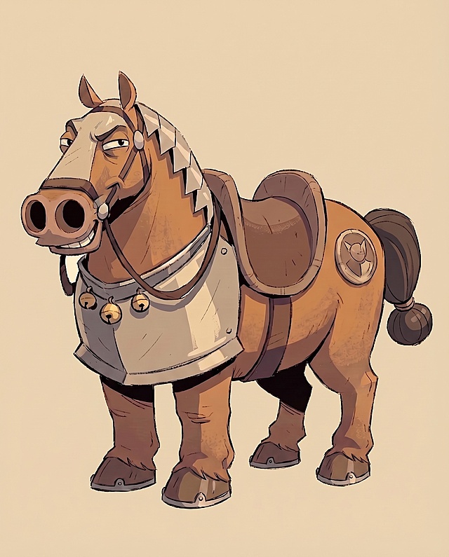 修改这匹马的表情，让它变成贱贱的、狡黠的表情，保留原有的盔甲、马鞍和整体造型风格