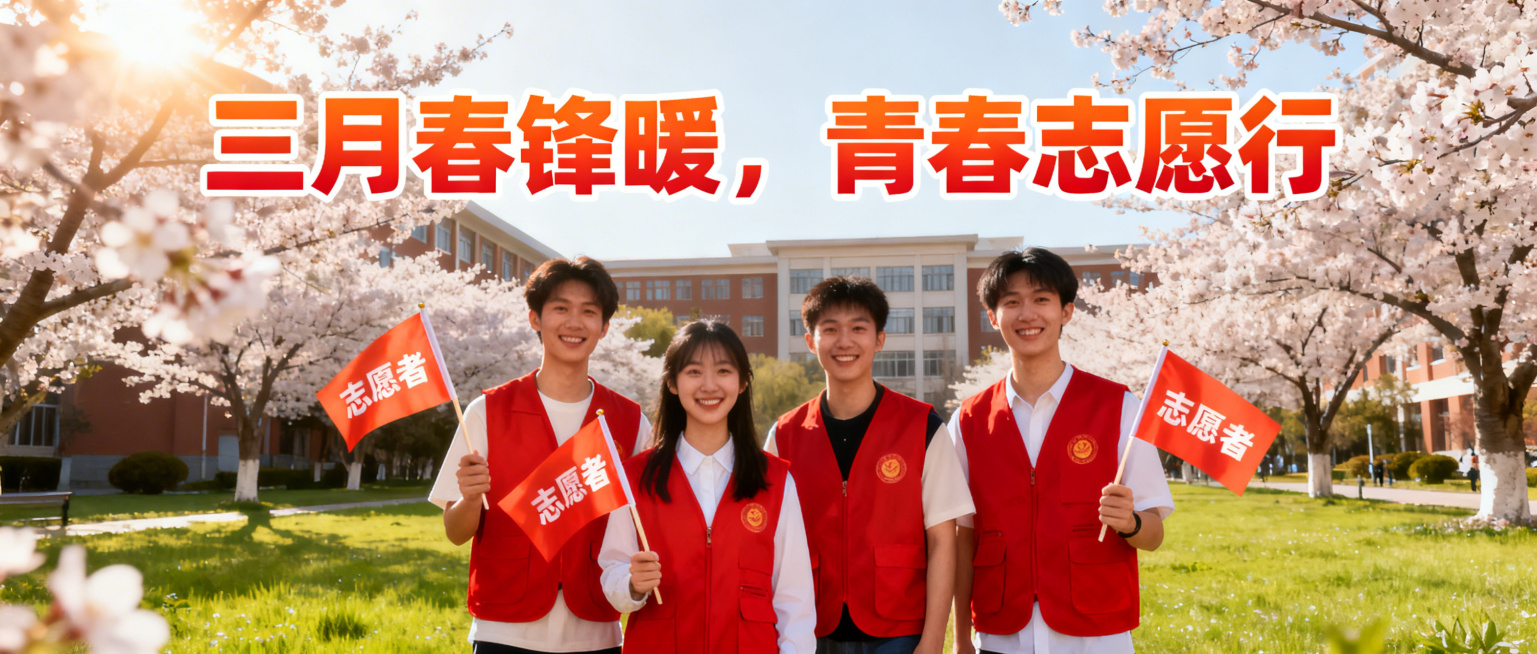 学校公众号推文封面，主题"三月春锋暖，青春志愿行"，积极正能量风格，春日校园背景，年轻志愿者的青春朝气，文字醒目排版，设计简洁大气，适合学校宣传预览效果