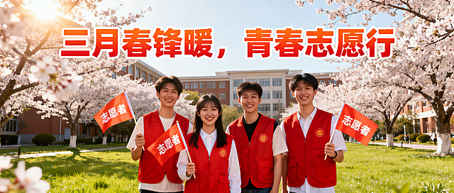 学校公众号推文封面，主题"三月春锋暖，青春志愿行"，积极正能量风格，春日校园背景，年轻志愿者的青春朝气，文字醒目排版，设计简洁大气，适合学校宣传