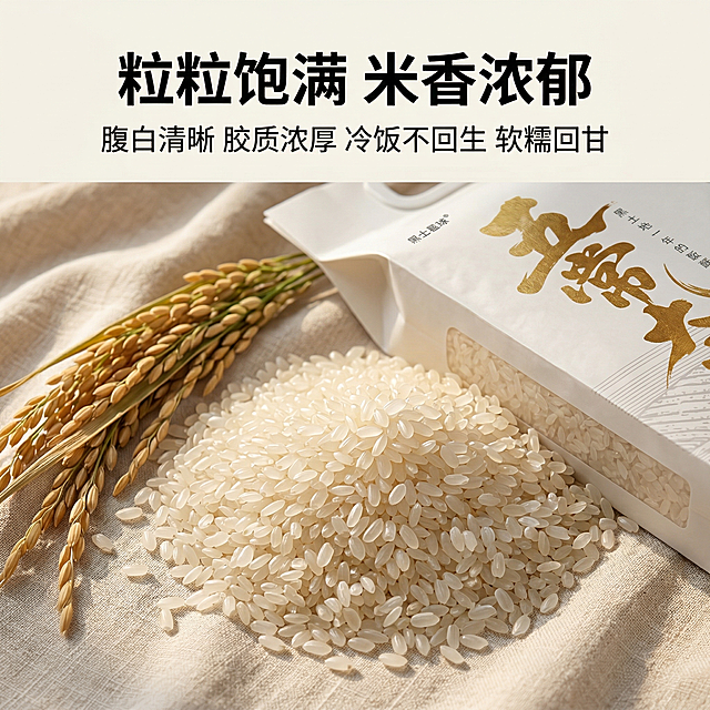 稻花香2号五常大米细节展示主图，舒适简约家居治愈风格，自然暖阳光线。画面特写展示包装袋旁的大米颗粒，饱满晶莹的米粒在暖光下有通透质感，旁边搭配剥开的稻穗特写，背景为浅米色棉麻纹理，光影柔和。顶部主标题「粒粒饱满 米香浓郁」黑色粗体无衬线字，下方小字卖点「腹白清晰 胶质浓厚」「冷饭不回生 软糯回甘」，文字无底色框悬浮于留白处，不遮挡米粒主体
