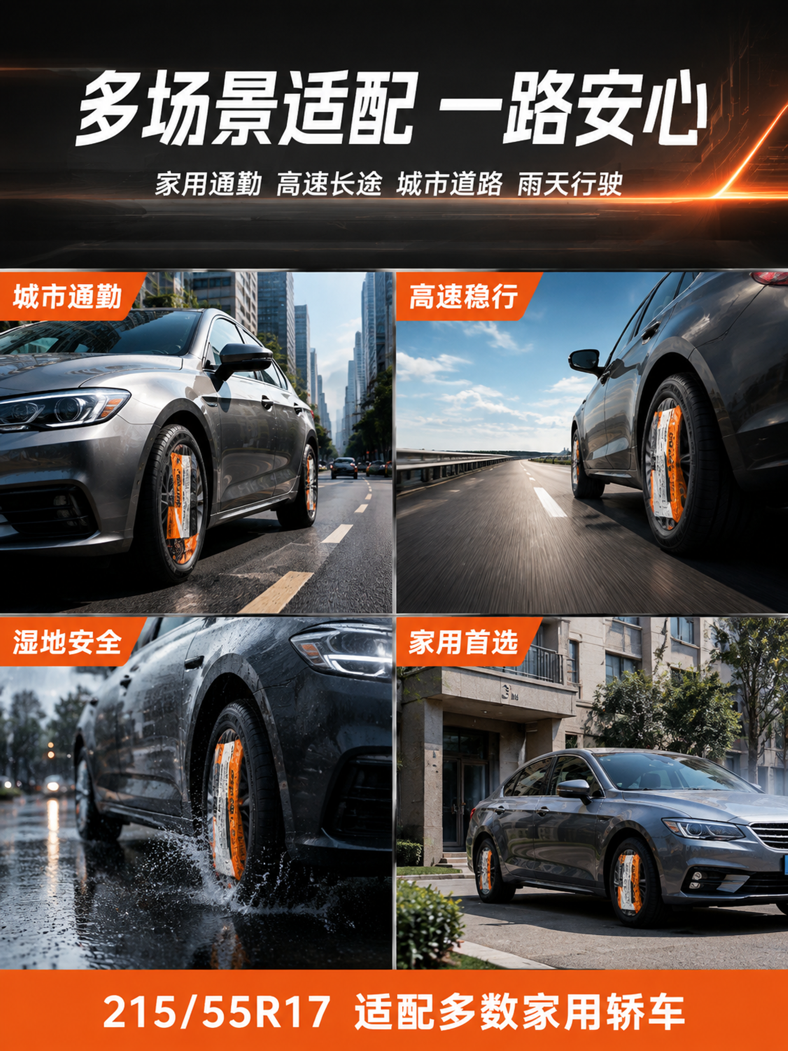 电商主图第四张，多场景适用展示图，汽车轮胎场景化呈现。画面采用… - 图片创意预览