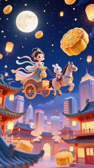 天空上Q版嫦娥驾着马车，拿着袋子，Q版小玉兔坐在马上，空中悬浮许多月饼，下方是传统中式建筑群与现代城市建筑交织的景观，背景夜空，点缀月亮和小灯笼预览效果