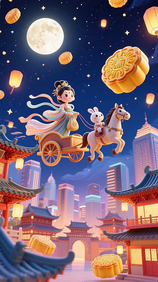 天空上Q版嫦娥驾着马车，拿着袋子，Q版小玉兔坐在马上，空中悬浮许多月饼，下方是传统中式建筑群与现代城市建筑交织的景观，背景夜空，点缀月亮和小灯笼