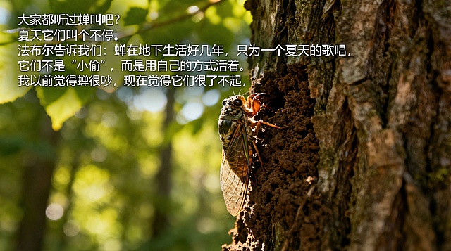在第6页配图上添加文字：大家都听过蝉叫吧？夏天它们叫个不停。法布尔告诉我们：蝉在地下生活好几年，只为一个夏天的歌唱，它们不是“小偷”，而是用自己的方式活着。我以前觉得蝉很吵，现在觉得它们很了不起，文字排版简洁明了