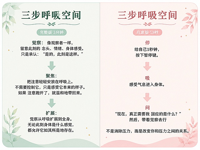 参考提供的图片样式，设计一张左右分区的可印刷卡片，左侧为完整版3分钟三步呼吸空间内容，右侧为应急版15秒三步呼吸空间内容，使用马卡龙柔和底色，排版美观好看的字体，保留每个分区中符合风格的向下箭头，保持所有文字内容和分区结构和参考图一致，整体风格清新舒适适合印刷