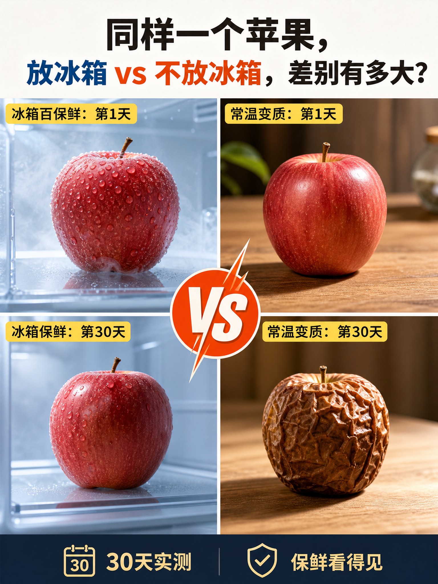 基于参考图的四宫格苹果对比海报进行优化重绘，写实商业摄影风格，… - 图片创意预览