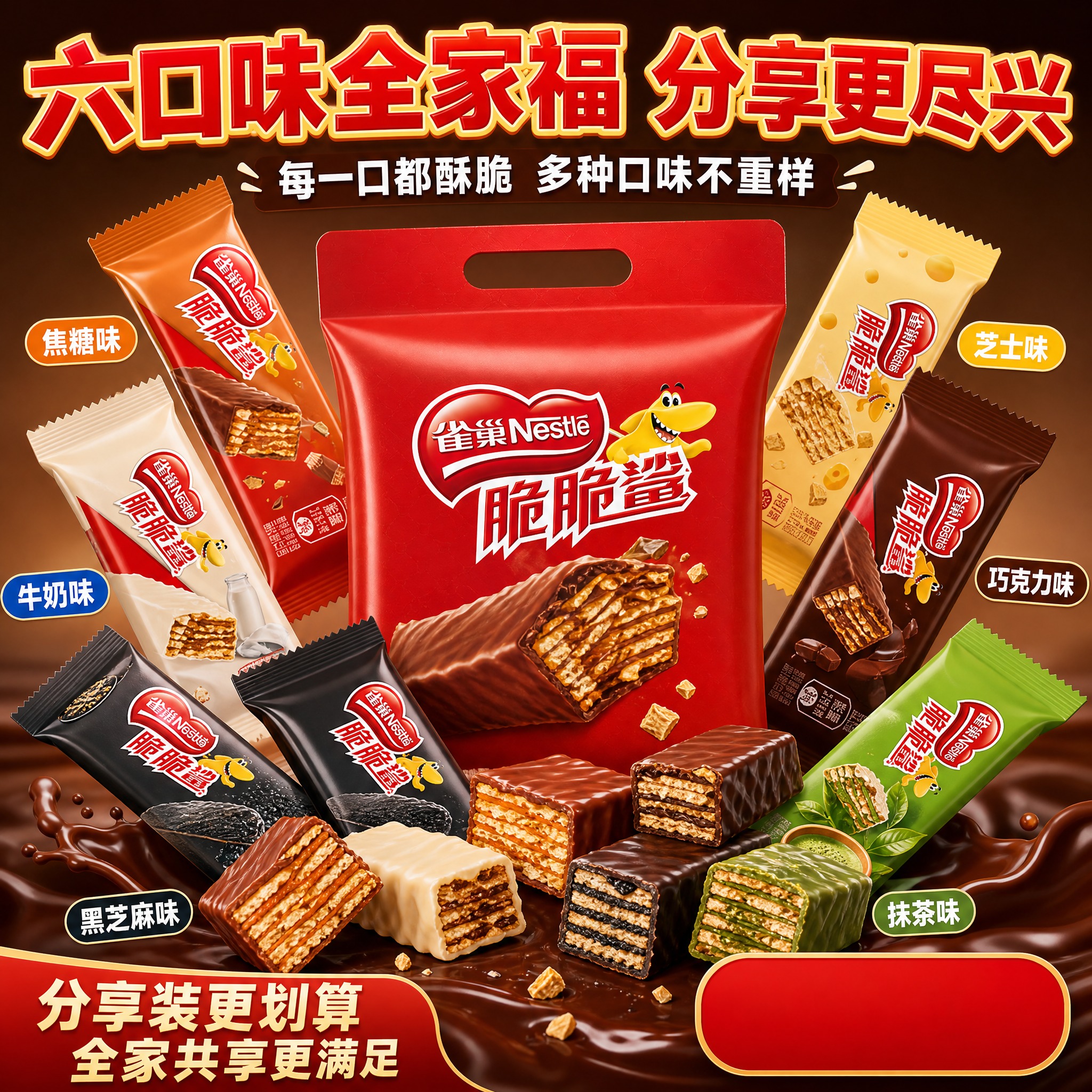 [主图-2] 拼多多风格卖点图，主题是雀巢脆脆鲨六种口味全家福… - 图片创意预览