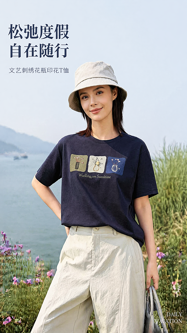 [第1屏] 详情页头图，文艺刺绣花瓶印花藏青宽松T恤度假风格宣传海报。本屏使用【图1】作为商品主体。
[标题版式] 简约气质字体，标题位于画面左上，主标题加粗，副标题轻盈，右下角点缀小号英文，保留大量留白。
[氛围/风格] 清新自然户外风，松弛度假氛围感，商业摄影质感，模特大片风格。
[元素布局] 模特穿着藏青色T恤居于画面中心，占比约70%，背景保留原湖边草地场景，前景点缀少许紫色小花，T恤刺绣印花、版型颜色与输入图保持一致。
[光影质感] 柔和自然光从左前方照射，模特身体右侧自然阴影，整体明亮通透，衣物纹理清晰。
[配色色系] 全局底色#F0F5F9，主色藏青T恤，辅助色浅绿草地、灰蓝湖水，点缀紫色小花。
[视角构图] 正面平视视角，模特为绝对视觉中心，阅读动线左上标题 → 中心模特 → 右下角装饰。
[文字版式] 左上主标题「松弛度假 自在随行」，副标题「文艺刺绣花瓶印花T恤」，右下角小号英文「DAILY VACATION」，文字不遮挡T恤主体，清晰可读。
[比例分辨率] 9:16竖版比例，4K分辨率，文字清晰可辨。
[负向提示词] 商品变形，颜色偏差，文字错乱，文字过小，背景杂乱，水印，缺件错件