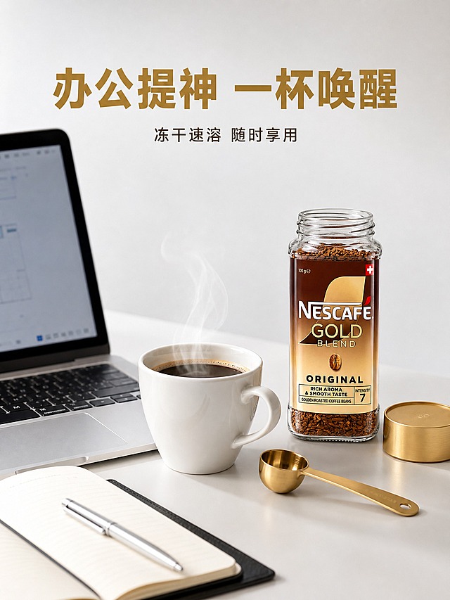 [主图-8] 办公场景咖啡时刻，雀巢金牌冻干黑咖啡融入现代办公桌面场景，突出便捷提神的使用场景。
[统一基调] 纯白干净渐变背景，高级质感商业静物摄影风格，金色与深棕加冷调办公灰为主色调，字体采用现代无衬线粗体，标题字色为深金色，辅助文字为深棕色，整体干净通透、色彩还原真实。
[画面] 现代简约办公桌面一角，雀巢金牌冻干黑咖啡玻璃罐放在画面右侧，金色瓶盖打开置于旁边；左侧是一台笔记本电脑的局部（银色金属机身），中间是一杯冲好的黑咖啡，白色陶瓷杯冒着热气；金色不锈钢咖啡量勺放在咖啡罐旁；桌面上还有一本打开的笔记本和一支钢笔；背景为纯净的浅灰白色渐变。
[光影质感] 8K超写实高清商业静物摄影，柔和冷调办公环境光，屏幕微光反射在玻璃罐上，咖啡热气轻盈自然，金属与玻璃质感对比鲜明，整体光影干净专业，充满现代办公氛围。
[配色] 浅灰白渐变背景，银色办公设备，深金色产品，深棕色咖啡，整体色调现代简约。
[文字版式] 画面上方放置主标题"办公提神 一杯唤醒"，大号粗体深金色字；下方小字"冻干速溶 随时享用"；文字位于画面上部负空间。
[输出要求] 3:4竖版比例，文字清晰锐利，场景自然真实，无变形错字模糊杂乱水印平台Logo，无多余杂物，干净通透。