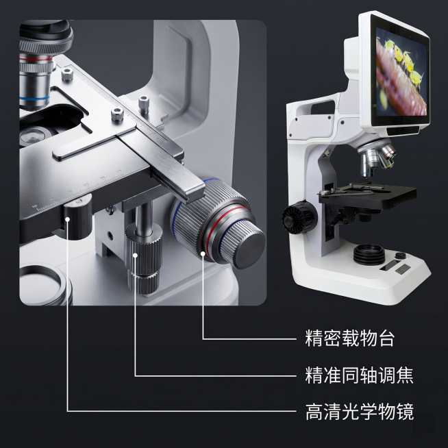 [主图 4] 数码液晶显微镜结构细节特写主图；
[氛围风格] 精密工业质感，科技细节展示；
[画质] 商业摄影质感、光线柔和通透、产品清晰真实、画面干净高级；
[元素] 采用局部特写+整体小窗组合版式预览效果