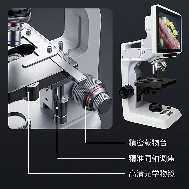 [主图 4] 数码液晶显微镜结构细节特写主图；
[氛围风格] 精密工业质感，科技细节展示；
[画质] 商业摄影质感、光线柔和通透、产品清晰真实、画面干净高级；
[元素] 采用局部特写+整体小窗组合版式，左侧大面积展示显微镜载物台和调焦手轮的微距细节，突出金属加工纹理和操作部件的精密质感；右上角小窗展示产品整体外观，保持产品结构材质颜色与原图一致；下方用引线标注方式，分别标注关键部件名称及特性：「精密载物台」「精准同轴调焦」「高清光学物镜」；背景为深灰磨砂质感，突出产品细节；
[光影] 侧逆光勾勒部件轮廓，突出金属材质的反光和纹理细节，明暗对比清晰，强调精密仪器的质感；
[配色] 深灰背景，银色金属本色，白色引线和黑色文字对比强烈；
[视角构图] 左特写右整体的拼图版式，1:1满版无边框，细节区域主体突出；
[文字版式] 引线纤细标注对应部件，文字清晰，字号对比合理，不遮挡关键细节；
[比例分辨率] 1:1 比例，2k 分辨率，文字清晰可辨，超高清；
[负向提示词] 变形，水印，文字错乱，产品图模糊，背景杂乱，遮挡细节，噪点过多